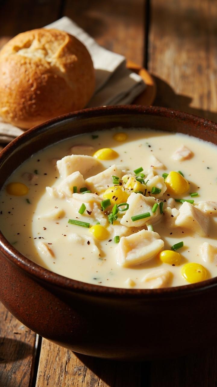 A deep soup bowl filled with creamy white chowder dotted with chunks of fish, potato, and yellow corn, garnished with fresh chopped chives, and served with warm crusty bread on a napkin.