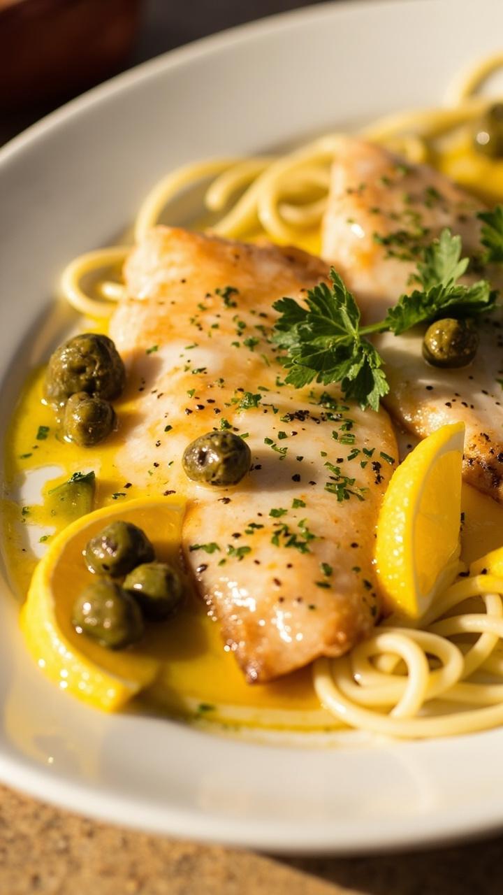Pan-seared flounder fillets on a shallow plate, napped in lemon-caper sauce, garnished with extra capers, lemon wedges, and a sprinkle of chopped parsley, with a few linguine strands tucked at the edge.