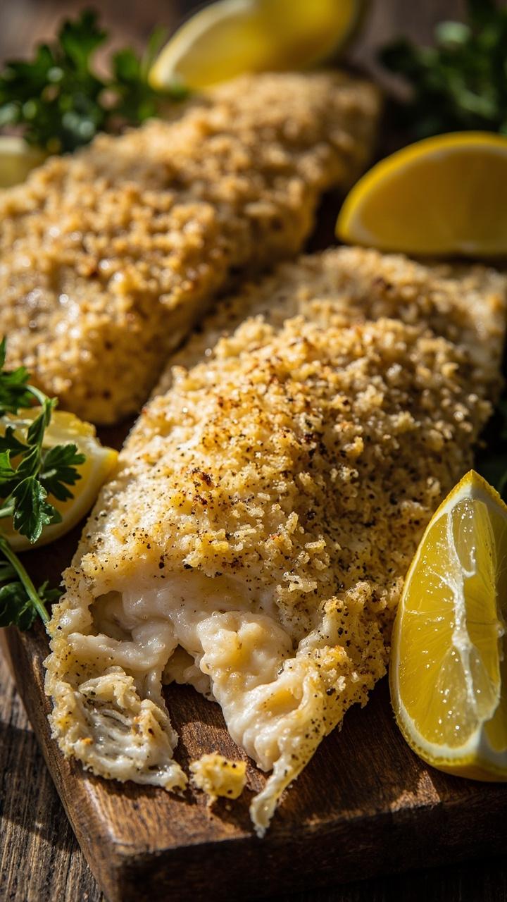 Golden-brown flounder fillets with a crisp, herb-flecked crust on a rustic wooden cutting board, lemon wedges and fresh parsley along the edges.