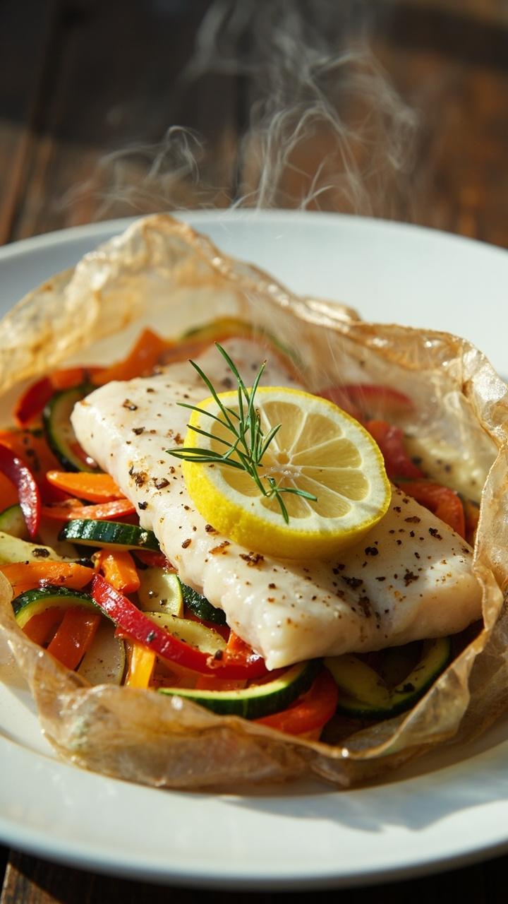 Papillote packets opened on dinner plates, each flounder fillet nestled among ribbons of zucchini, carrot, and red pepper, steamy and lightly herbed with a slice of lemon on top.