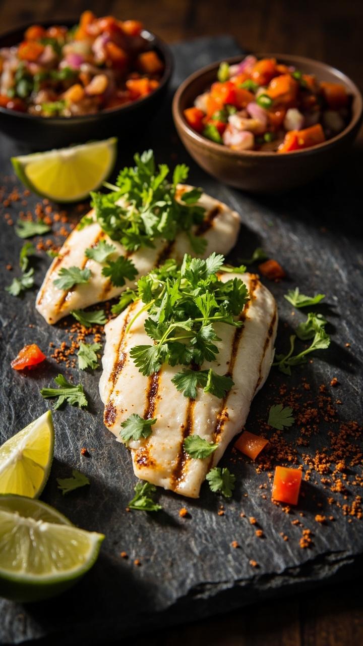 Char-marked flounder fillets on a slate platter, topped with fresh chopped cilantro, lime wedges on the side, and a dusting of chili flakes, with a bowl of salsa nearby.