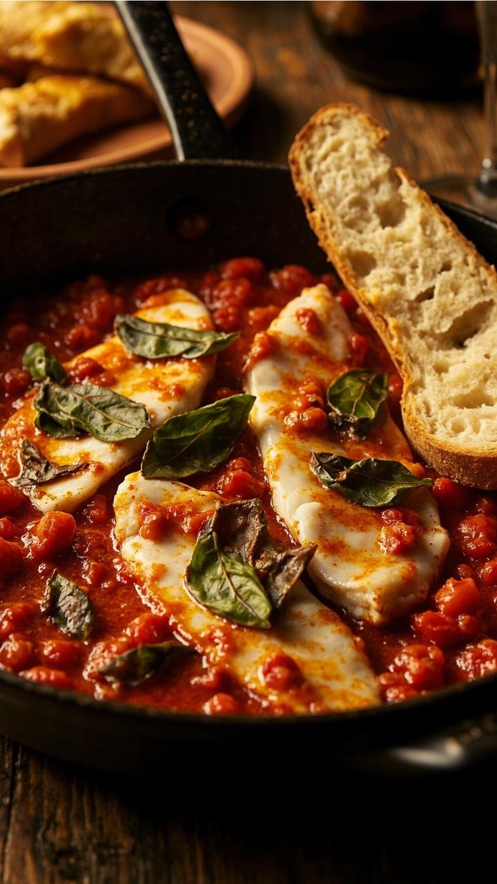 Flounder fillets nestled in a chunky bright-red tomato sauce with wilted basil, all served in a cast-iron skillet, with a side of torn baguette.