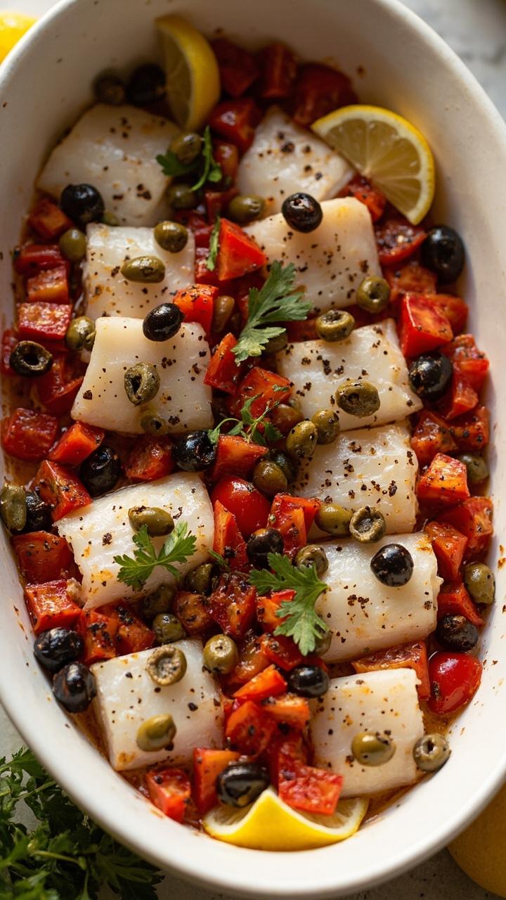 Flounder fillets in an oval baking dish, topped with diced tomatoes, sliced olives, capers, and a sprinkle of fresh parsley, with a few lemon wedges tucked at the corners.