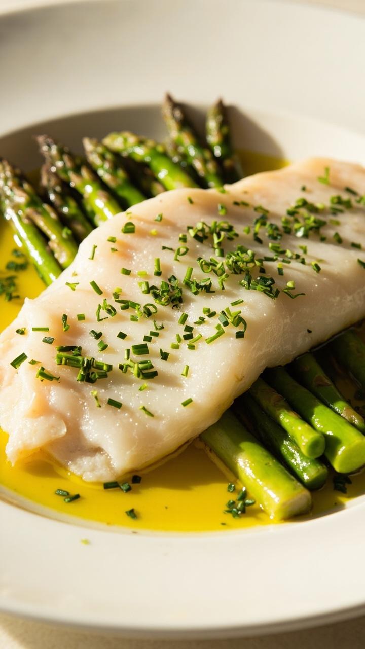 Flounder fillets on a rimmed plate, scattered with finely chopped dill and chives, surrounded by bright green steamed asparagus spears and a drizzle of olive oil.