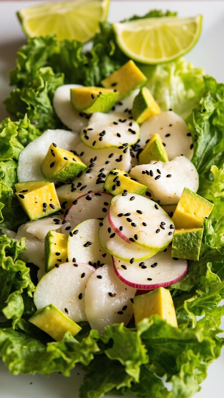 Crisp lettuce leaves filled with flaked flounder, ripe avocado chunks, thin slices of radish, and a sprinkle of black sesame seeds, all arranged on a tray with extra lime wedges.