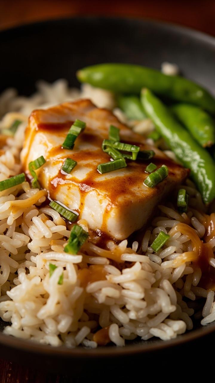 A deep bowl of fluffy white rice, topped with a flaky broiled flounder fillet, a drizzle of brown miso-soy sauce, sliced green onions, and a few snap peas on the side.
