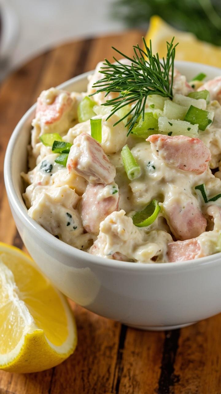 A white ceramic bowl piled high with creamy crab salad flecked with diced celery and green onions, garnished with a sprinkle of dill, served on a natural wood board with a few lemon wedges on the side.