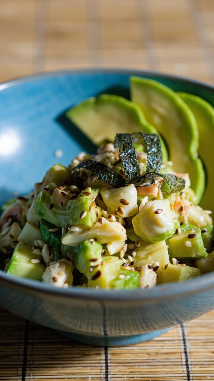 A shallow blue bowl filled with a chunky crab salad tossed with cucumber, avocado, and sesame seeds, topped with a ribbon of nori strips and a fan of sliced avocado, set on a bamboo placemat.