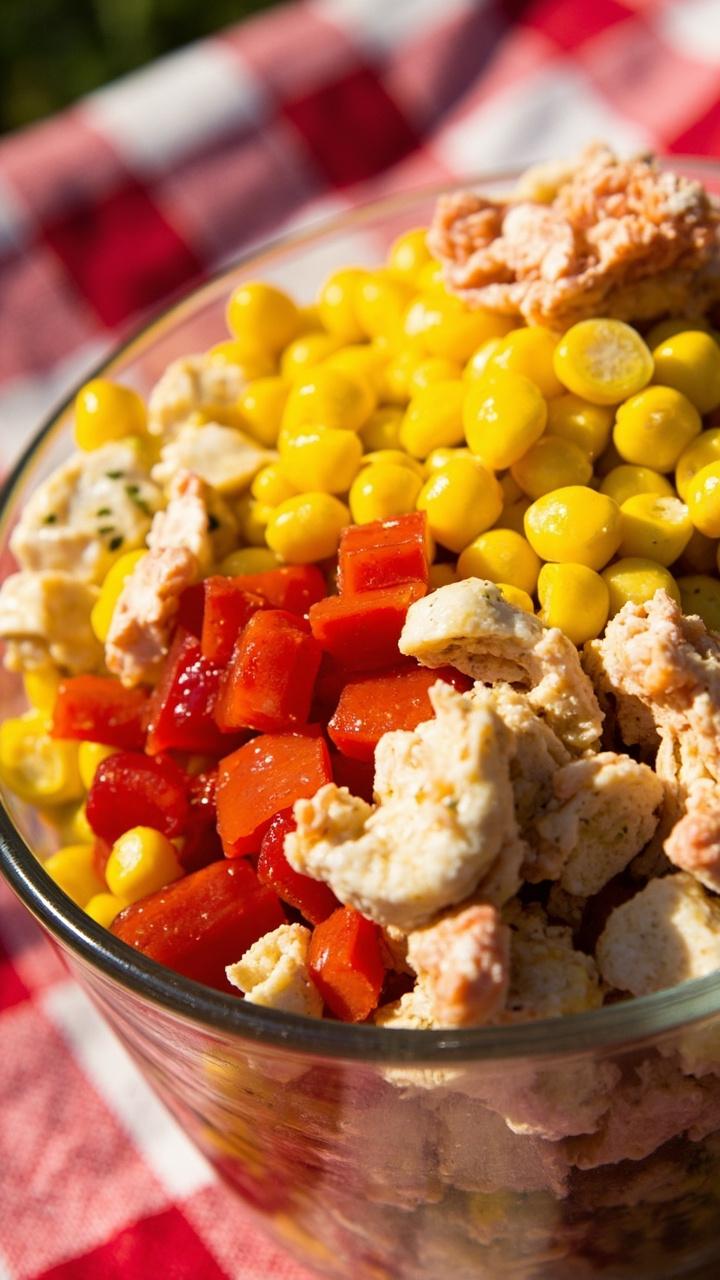 Bright salad in a glass bowl with yellow corn kernels, red bell pepper pieces, chopped imitation crab, and a light herbed dressing, all on a plaid picnic cloth.