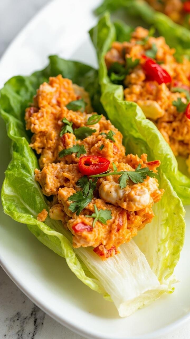 A white plate lined with crisp romaine lettuce leaves, each leaf filled with a spicy orange-hued crab salad, sprinkled with thinly sliced red chili and chopped cilantro.