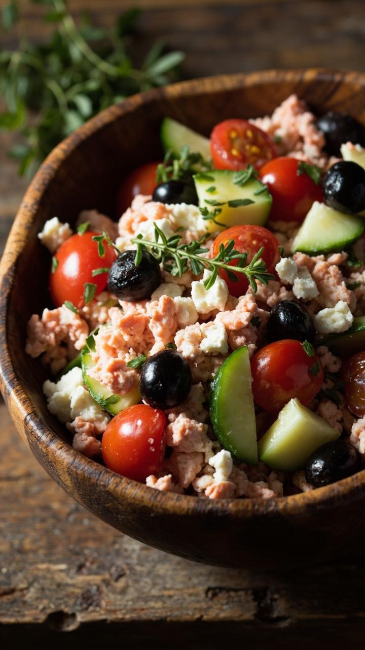 A rustic bowl filled with chopped imitation crab, cherry tomato halves, cucumber slices, black olive rounds, and crumbled feta cheese, garnished with fresh oregano.
