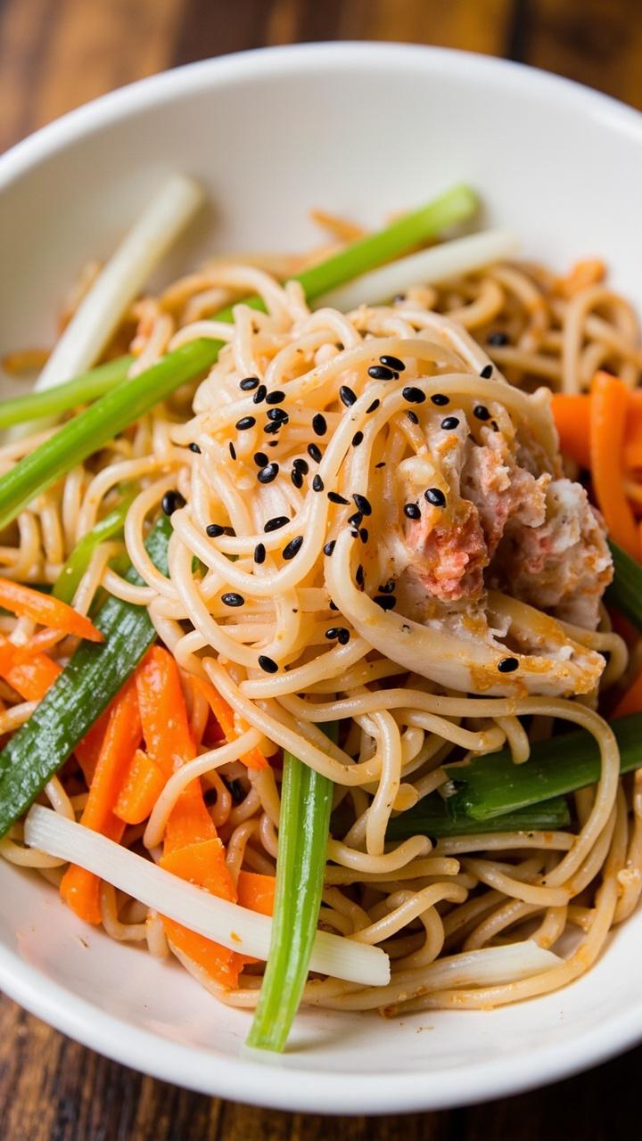 A shallow white bowl with tangled cold noodles tossed with shredded crab, julienned carrots, scallions, and sesame dressing, topped with black and white sesame seeds.