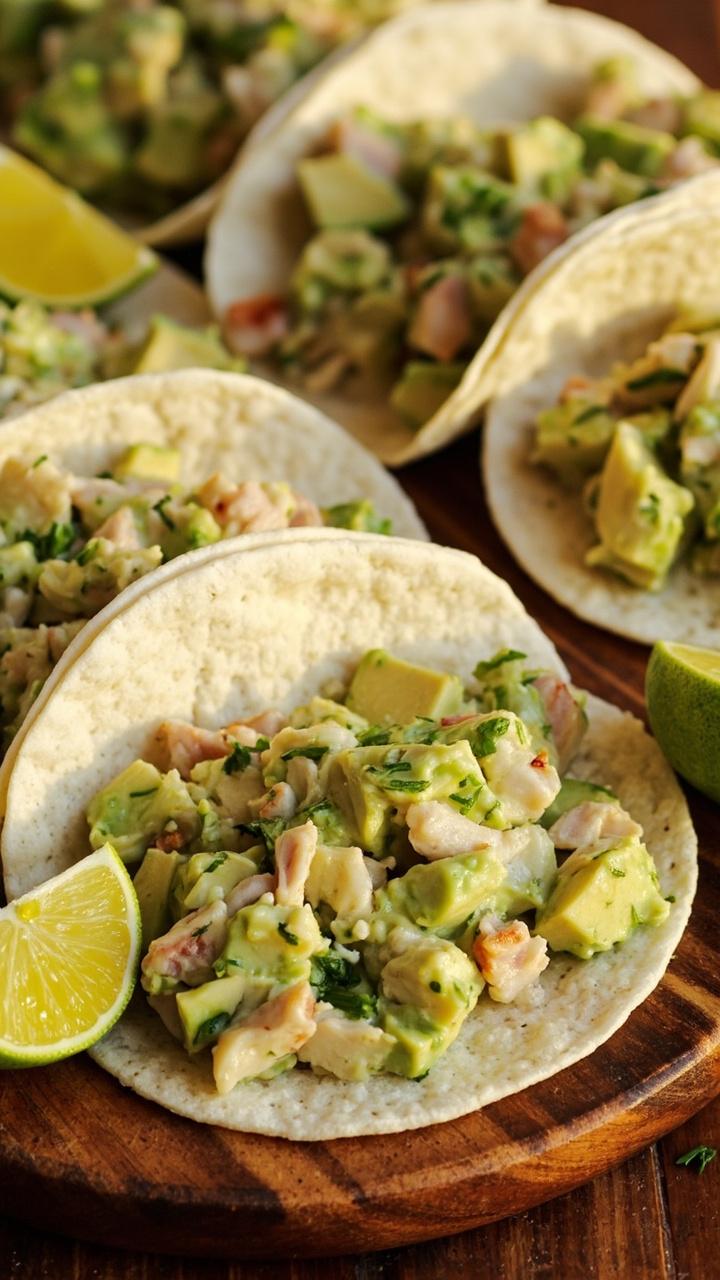 Flour tortillas sliced into rounds, each filled with pale green avocado crab salad, arranged on a wooden platter with a few lime wedges.