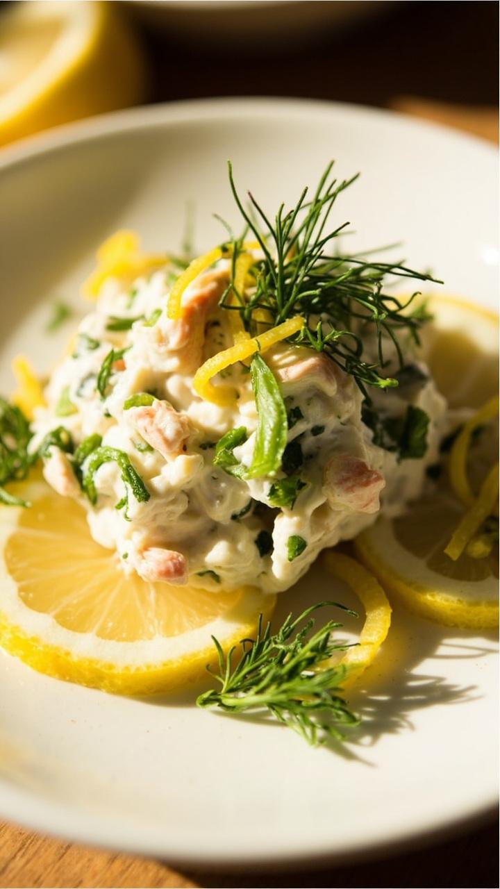 A small white deep plate holding fluffy chunks of crab salad mixed with fresh dill and lemon zest, garnished with extra dill sprigs and lemon slices around the rim.