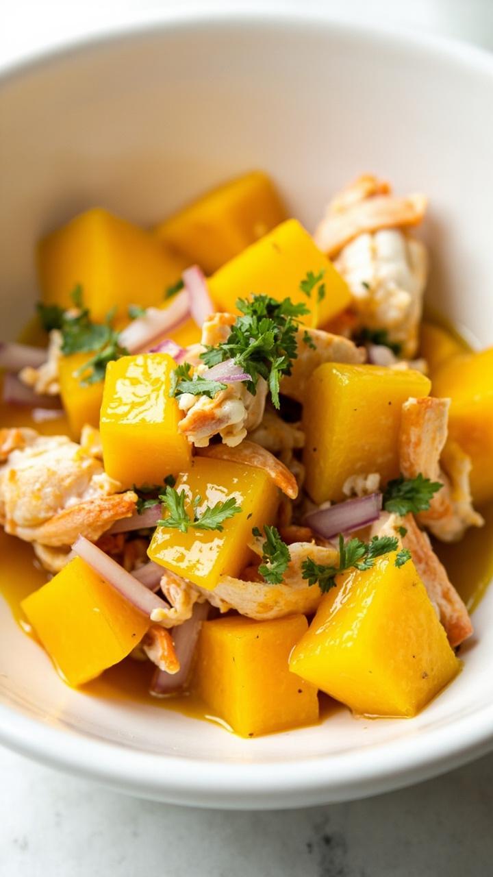 A white shallow bowl featuring bright yellow mango cubes, pink-edged chunks of crab, bits of red onion and green cilantro, all tossed lightly in a citrus dressing.