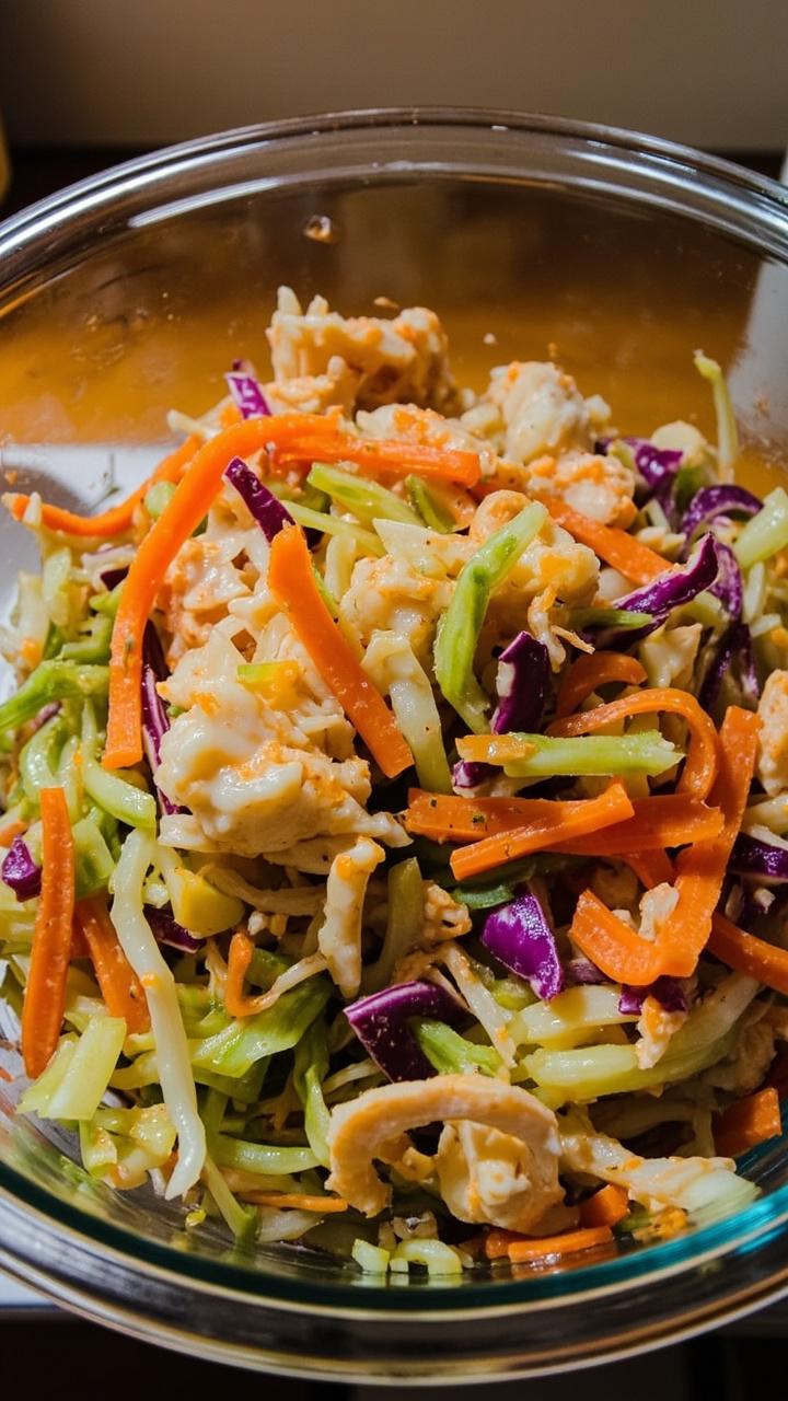A large clear mixing bowl with a rainbow tangle of shredded green and purple cabbage, orange carrots, and white crab pieces, all slicked with a shiny, light Asian vinaigrette.