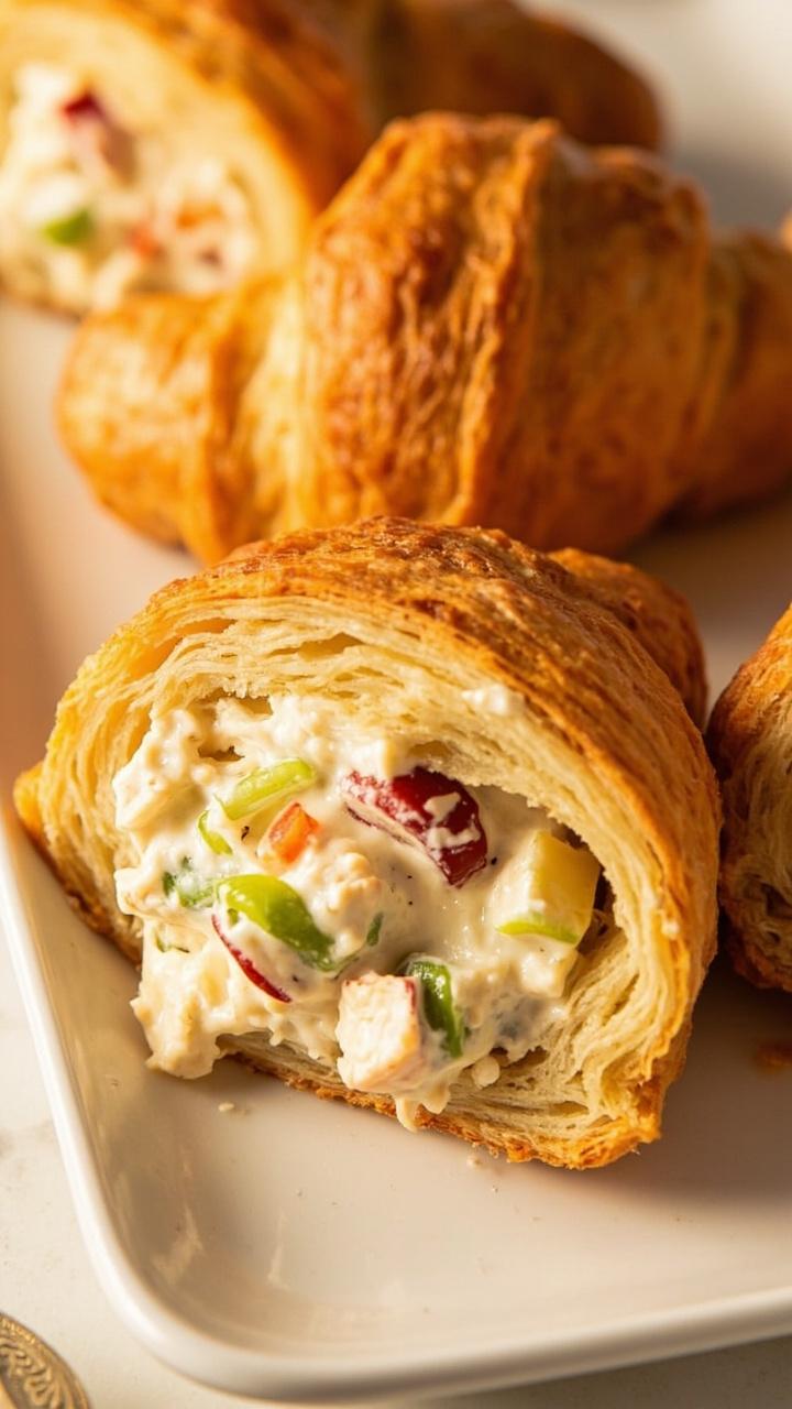 Golden croissants sliced open, generously filled with creamy crab salad speckled with diced red apple and green celery, sitting on a white rectangular platter.