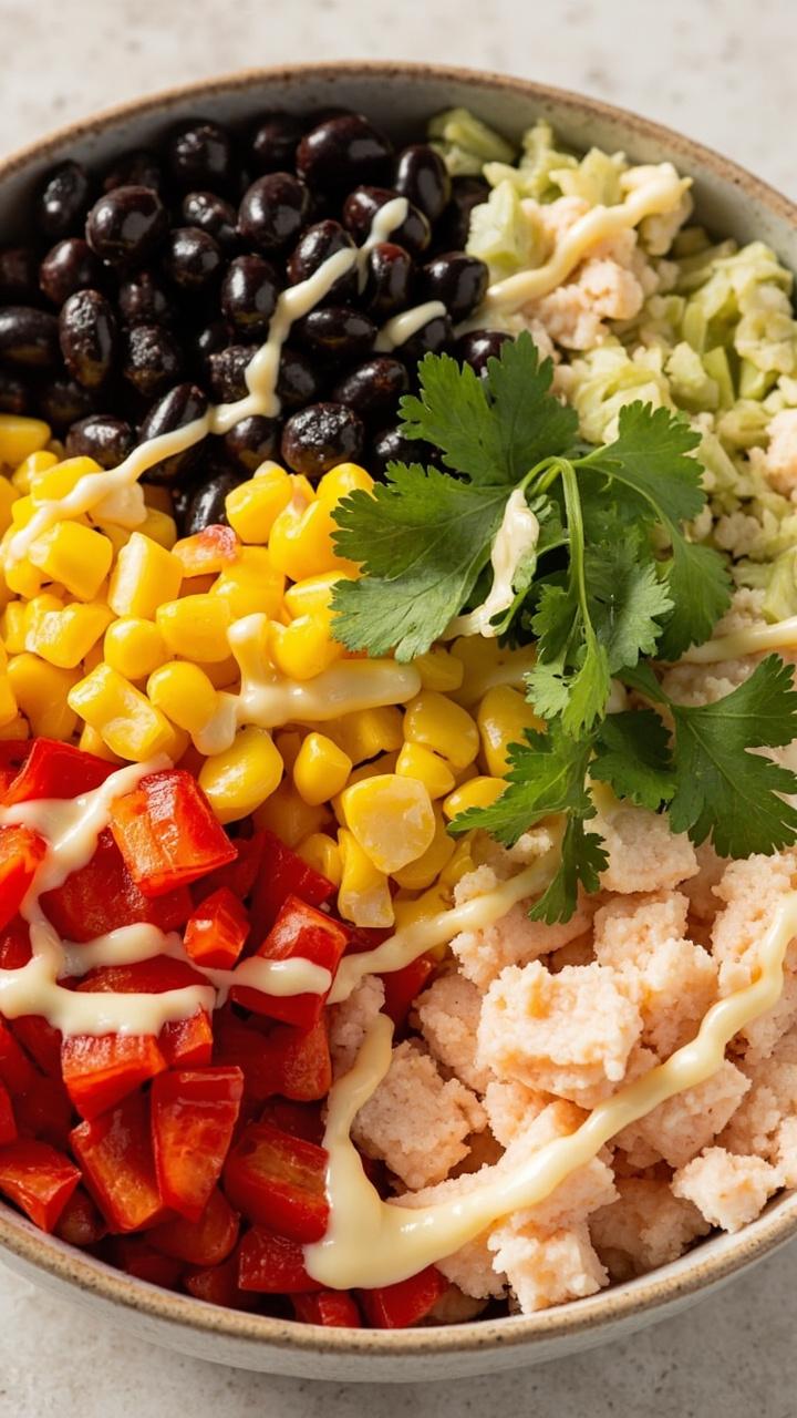 A wide, shallow dish divided into sections of black beans, golden corn, red bell pepper, imitation crab, and cilantro on top, drizzled with creamy dressing.