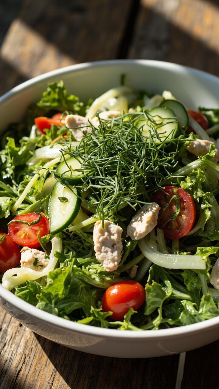 A large white bowl brimming with leafy greens, sliced cherry tomatoes, cucumber ribbons, chopped crab, and a confetti of chopped fresh herbs.
