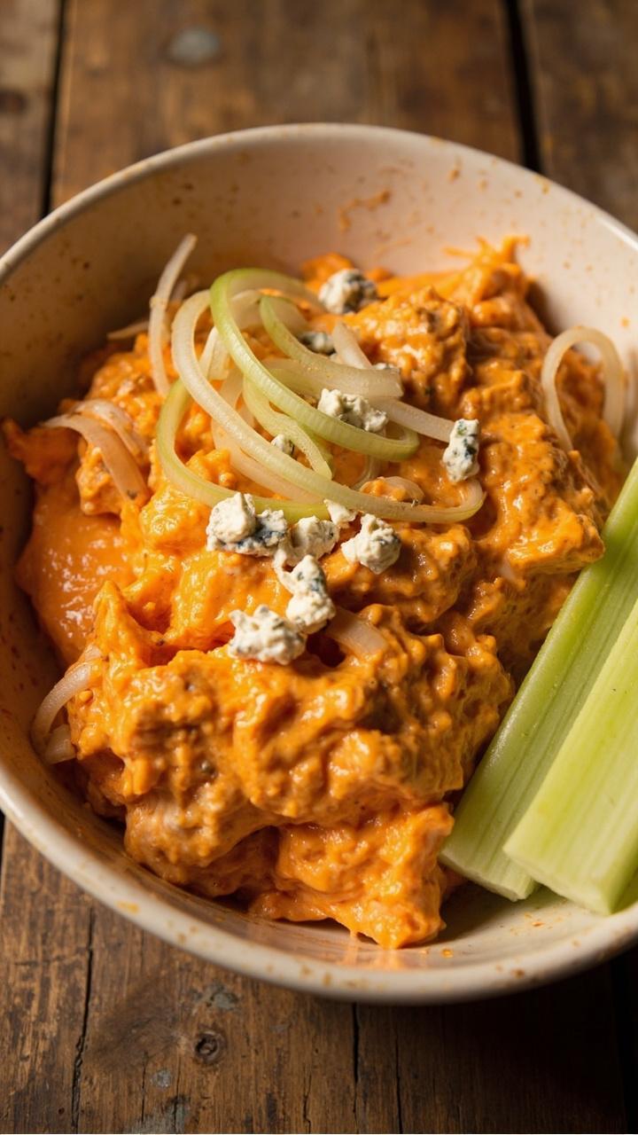 A wide, low bowl with bright orange Buffalo-style crab salad topped with thin celery slices and a scattering of crumbled blue cheese, with celery sticks on the side.
