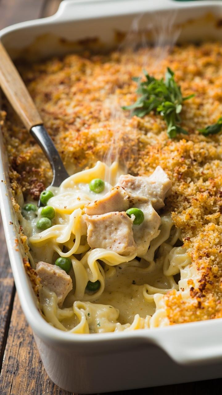 A white ceramic baking dish filled with egg noodles coated in a creamy pale sauce, flecked with chunks of tuna and bright green peas. The top is golden brown with scattered toasted breadcrumbs and a sprinkle of fresh parsley. A wooden spoon rests in one corner, steam rising. A white ceramic baking dish filled with egg noodles coated in a creamy pale sauce, flecked with chunks of tuna and bright green peas. The top is golden brown with scattered toasted breadcrumbs and a sprinkle of fresh parsley. A wooden spoon rests in one corner, steam rising.