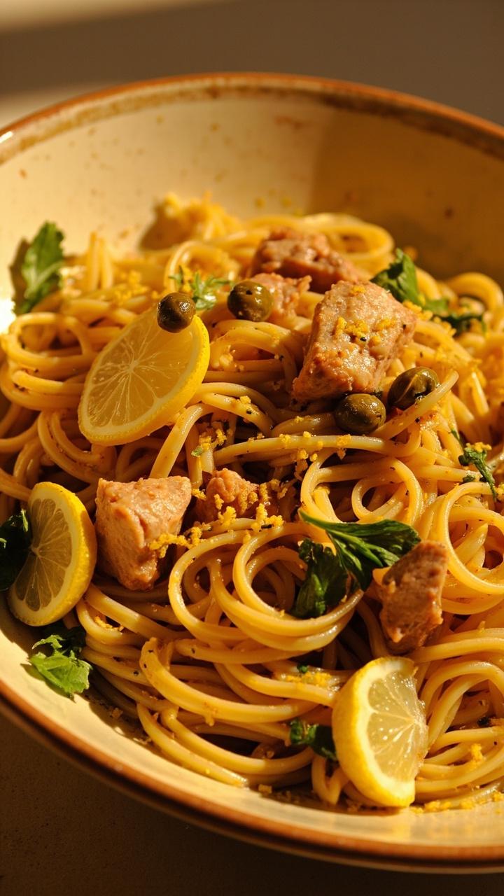 A shallow bowl of linguine swirled with olive oil-based tuna chunks, thin slices of lemon, chopped parsley, and tiny capers. The noodles gleam with a glossy sauce, and lemon zest is scattered on top. A shallow bowl of linguine swirled with olive oil-based tuna chunks, thin slices of lemon, chopped parsley, and tiny capers. The noodles gleam with a glossy sauce, and lemon zest is scattered on top.