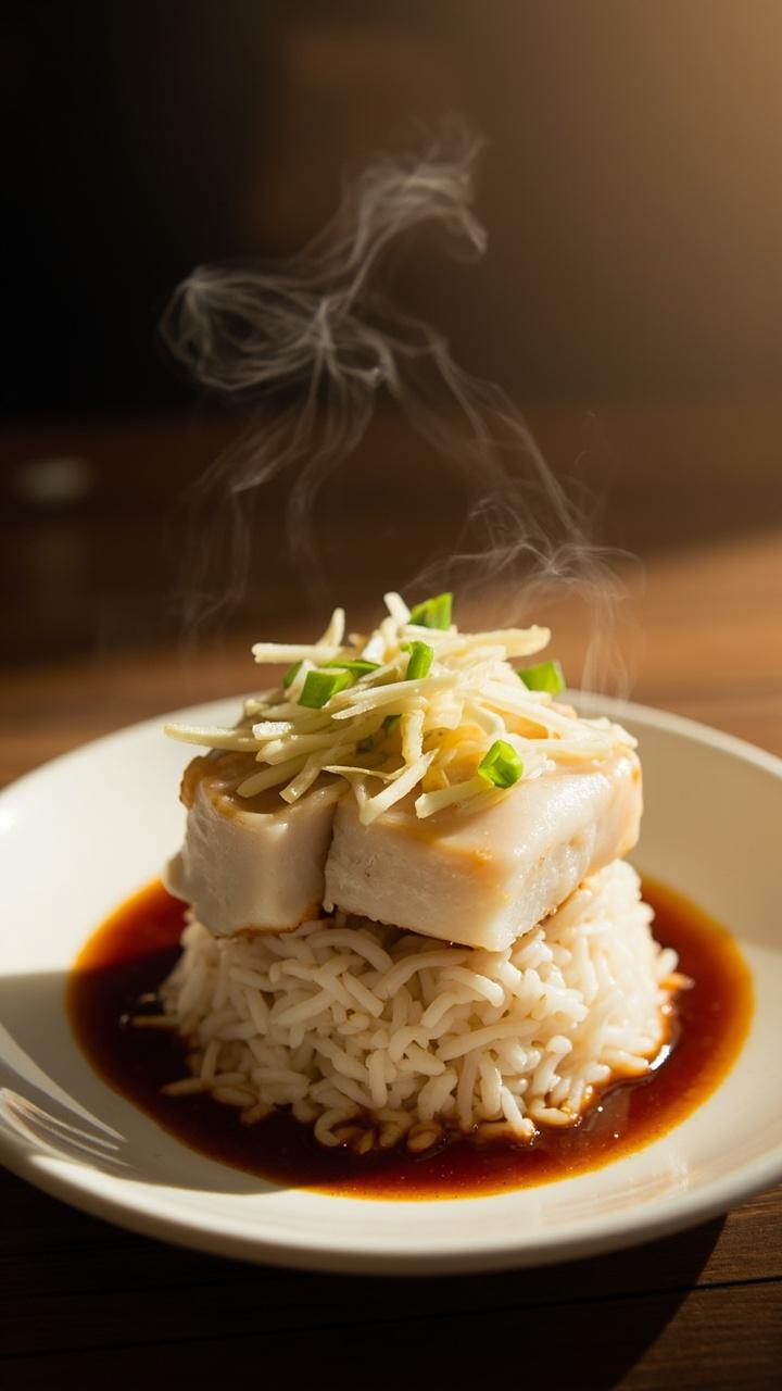 A steamy plate of flaky white fish fillets topped with julienned ginger, a shower of sliced green onions, and a drizzle of soy sauce, all set on a small mound of steamed jasmine rice, the sauce glistening underneath.