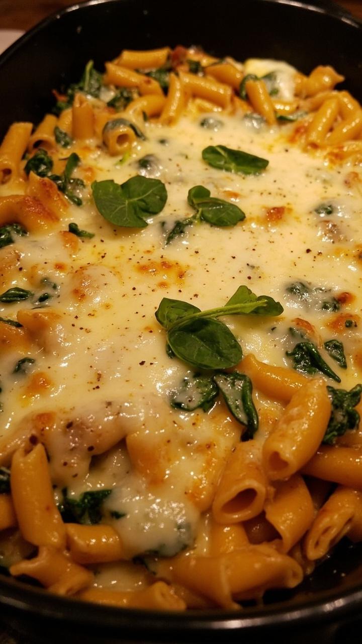 A deep casserole of penne pasta layered with bright green wilted spinach and a creamy white sauce, finished with melted mozzarella cheese bubbling around the edges, flecks of black pepper, and a few fresh spinach leaves for garnish. A deep casserole of penne pasta layered with bright green wilted spinach and a creamy white sauce, finished with melted mozzarella cheese bubbling around the edges, flecks of black pepper, and a few fresh spinach leaves for garnish.