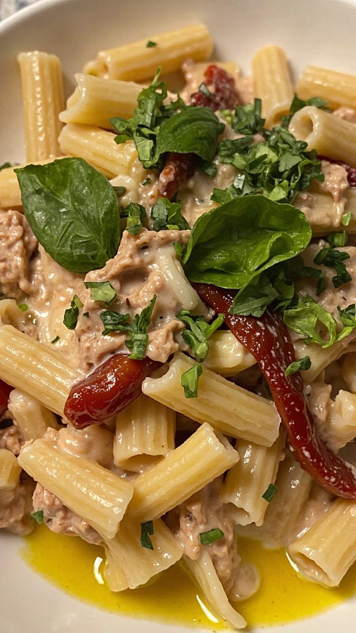 A pasta bowl filled with short rigatoni, flaked tuna, plump white beans, ribbons of sun-dried tomato, and a shower of chopped basil. Everything is coated in a creamy, pale sauce with olive oil glistening at the edges. A pasta bowl filled with short rigatoni, flaked tuna, plump white beans, ribbons of sun-dried tomato, and a shower of chopped basil. Everything is coated in a creamy, pale sauce with olive oil glistening at the edges.