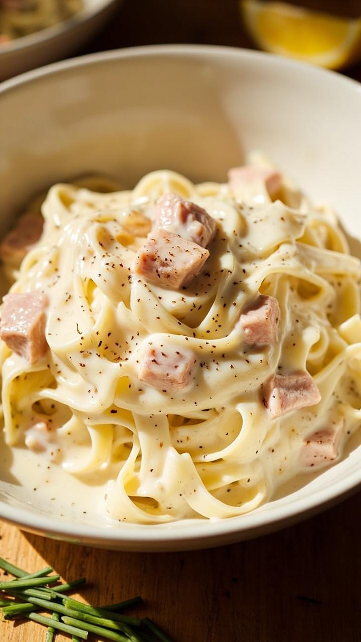 A wide, shallow bowl of fettuccine coated in glossy white Alfredo sauce, scattered with pinkish tuna flakes and flecks of black pepper. A shower of chopped chives and a small wedge of lemon sit alongside. A wide, shallow bowl of fettuccine coated in glossy white Alfredo sauce, scattered with pinkish tuna flakes and flecks of black pepper. A shower of chopped chives and a small wedge of lemon sit alongside.