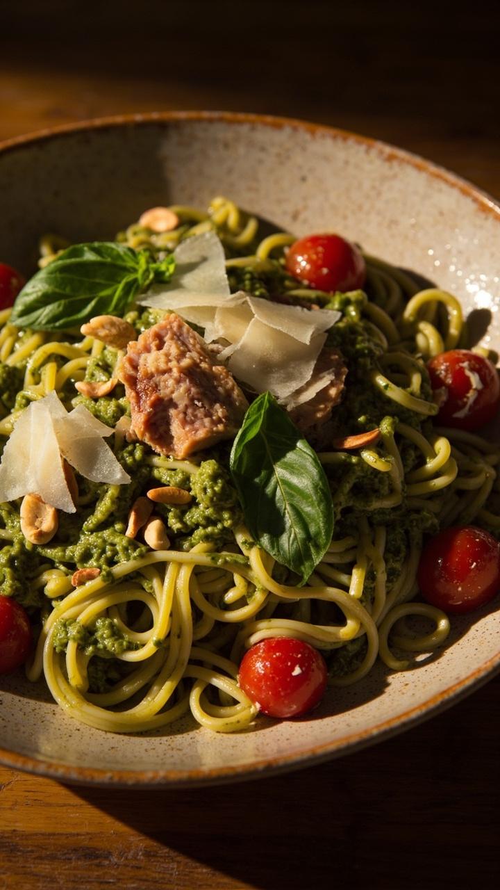 A rustic plate of fusilli pasta, tossed with bright green pesto, halved cherry tomatoes, and flaked tuna. Parmesan shavings and fresh basil leaves top the dish, with toasted pine nuts scattered over. A rustic plate of fusilli pasta, tossed with bright green pesto, halved cherry tomatoes, and flaked tuna. Parmesan shavings and fresh basil leaves top the dish, with toasted pine nuts scattered over.
