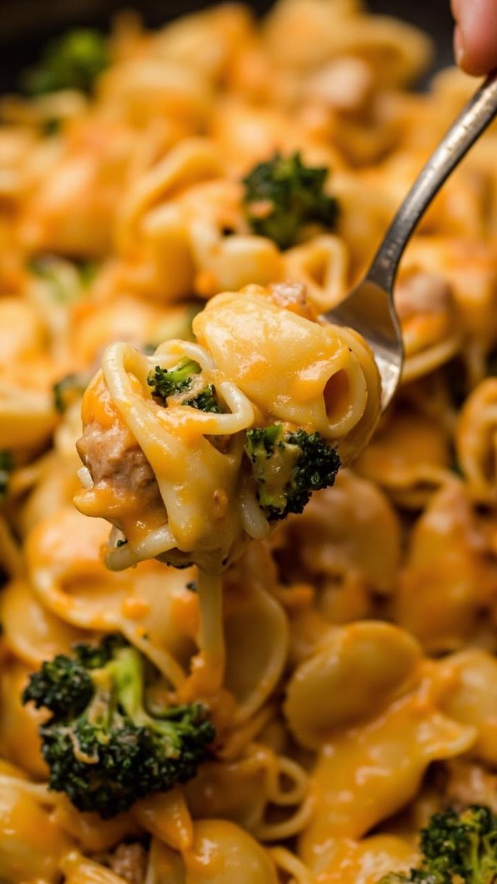 A deep bowl of shell pasta in a creamy, orange-tinted cheese sauce, with small broccoli florets and chunks of tuna in every bite. The top is dusted with extra cheese, and there’s a fork twirled with shells in the foreground. A deep bowl of shell pasta in a creamy, orange-tinted cheese sauce, with small broccoli florets and chunks of tuna in every bite. The top is dusted with extra cheese, and there’s a fork twirled with shells in the foreground.