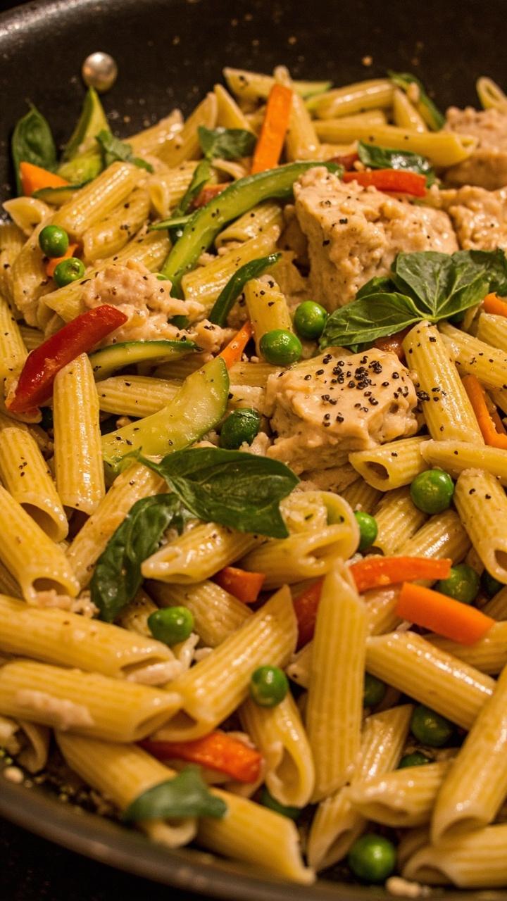 A large nonstick skillet of penne pasta mixed with chunks of tuna, crisp-tender peas, carrots, zucchini, and red bell pepper in a light cream sauce. Torn basil leaves and a sprinkle of fresh cracked pepper on top. A large nonstick skillet of penne pasta mixed with chunks of tuna, crisp-tender peas, carrots, zucchini, and red bell pepper in a light cream sauce. Torn basil leaves and a sprinkle of fresh cracked pepper on top.