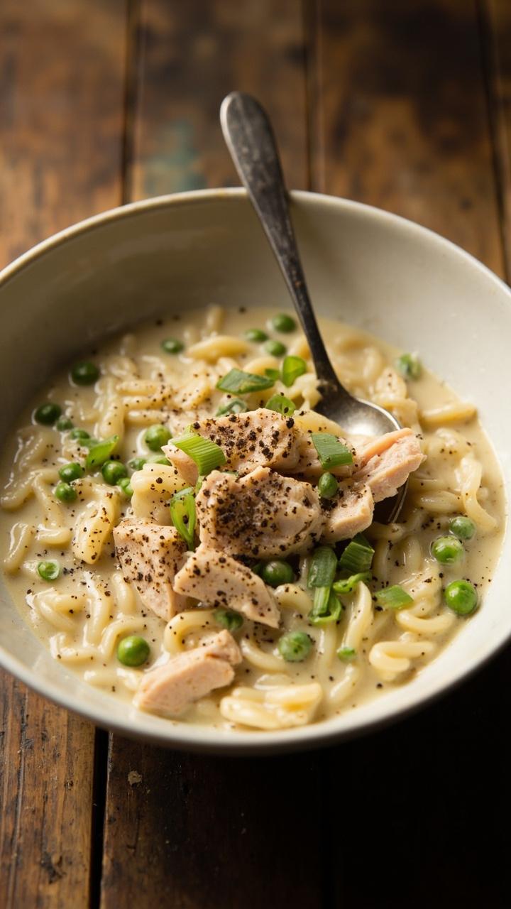 A wide soup bowl filled with pale, creamy orzo gently dotted with peas and tuna flakes. There’s a curl of freshly cracked black pepper and green chives sprinkled on top. A simple spoon is tucked into the bowl. A wide soup bowl filled with pale, creamy orzo gently dotted with peas and tuna flakes. There’s a curl of freshly cracked black pepper and green chives sprinkled on top. A simple spoon is tucked into the bowl.