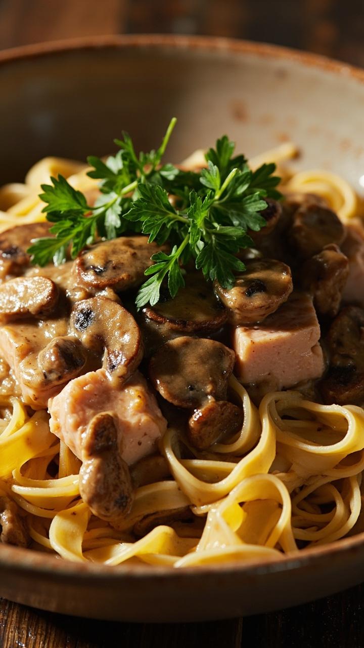 A deep plate of egg noodles coated in a taupe mushroom sauce, studded with tuna and slices of sautéed cremini mushrooms. Bright green parsley leaves are sprinkled on top. A deep plate of egg noodles coated in a taupe mushroom sauce, studded with tuna and slices of sautéed cremini mushrooms. Bright green parsley leaves are sprinkled on top.