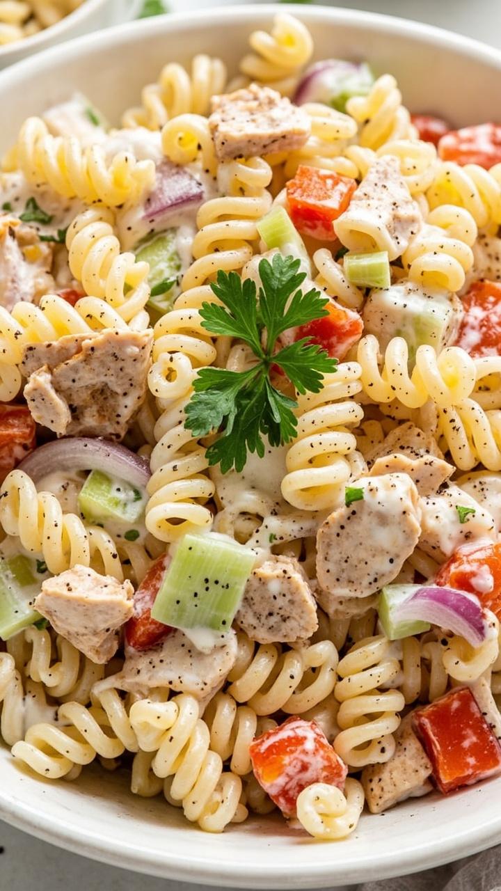 A large serving bowl piled high with spirals of pasta, flaked tuna, chopped celery, red onion, and red bell pepper, all coated in a creamy white yogurt dressing. Parsley and black pepper over the top. A large serving bowl piled high with spirals of pasta, flaked tuna, chopped celery, red onion, and red bell pepper, all coated in a creamy white yogurt dressing. Parsley and black pepper over the top.