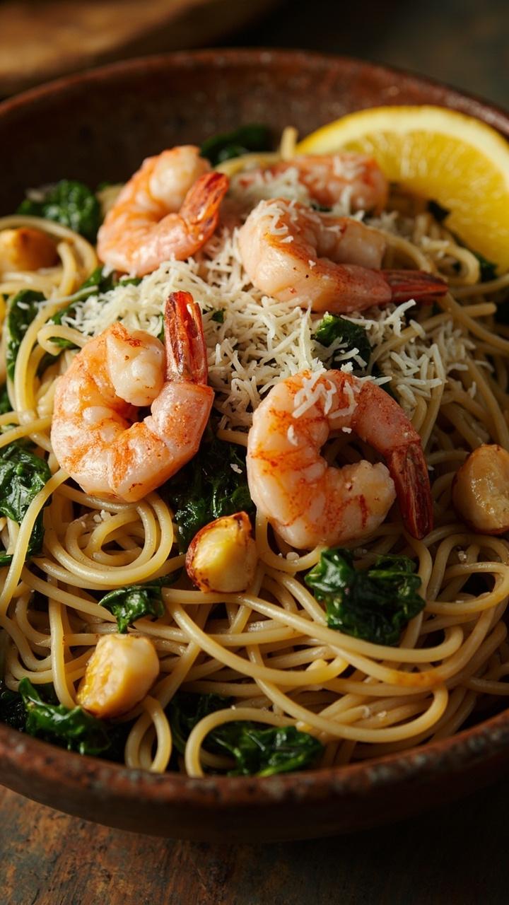 A pasta bowl mounded with spaghetti tossed with pink shrimp, wilted spinach, and garlic, all slicked with olive oil, and brightened with a wedge of lemon and a sprinkle of grated parmesan.