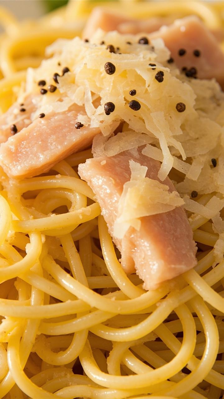 A close-up of spaghetti coated in a pale yellow creamy sauce with flakes of tuna replacing the usual bacon. Shards of Parmesan and a sprinkle of cracked pepper over the top. A close-up of spaghetti coated in a pale yellow creamy sauce with flakes of tuna replacing the usual bacon. Shards of Parmesan and a sprinkle of cracked pepper over the top.