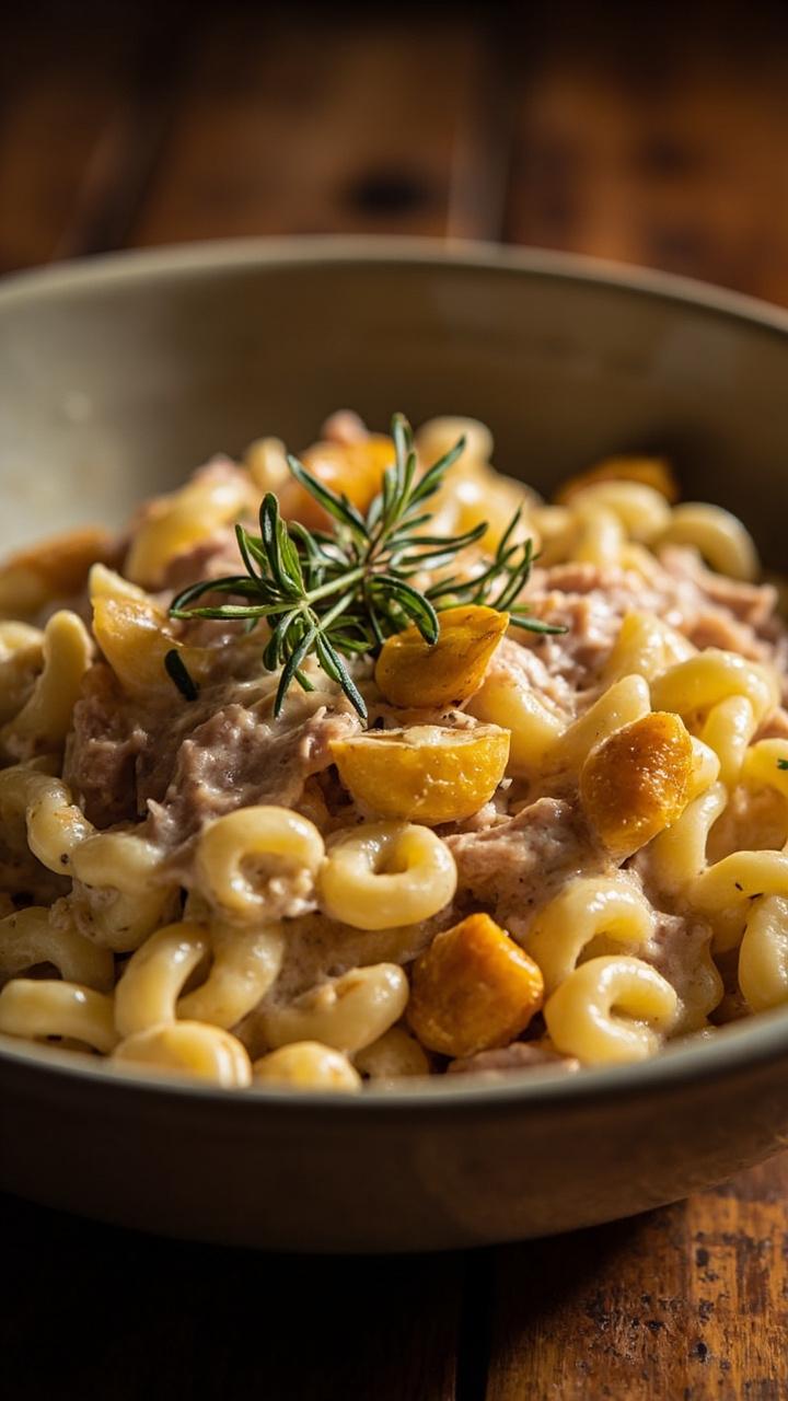 A ceramic bowl filled with elbow macaroni in a pale, creamy sauce, flecked with golden roasted garlic and pinkish bits of tuna. Fresh thyme leaves are sprinkled on top. A ceramic bowl filled with elbow macaroni in a pale, creamy sauce, flecked with golden roasted garlic and pinkish bits of tuna. Fresh thyme leaves are sprinkled on top.