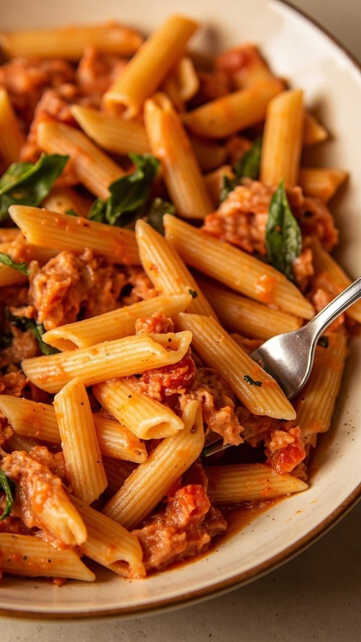 A shallow pasta dish filled with penne tossed in rosy-hued sun-dried tomato cream sauce, flecked with tuna and ribbons of basil. There’s a silver fork twisted with penne in the front. A shallow pasta dish filled with penne tossed in rosy-hued sun-dried tomato cream sauce, flecked with tuna and ribbons of basil. There’s a silver fork twisted with penne in the front.