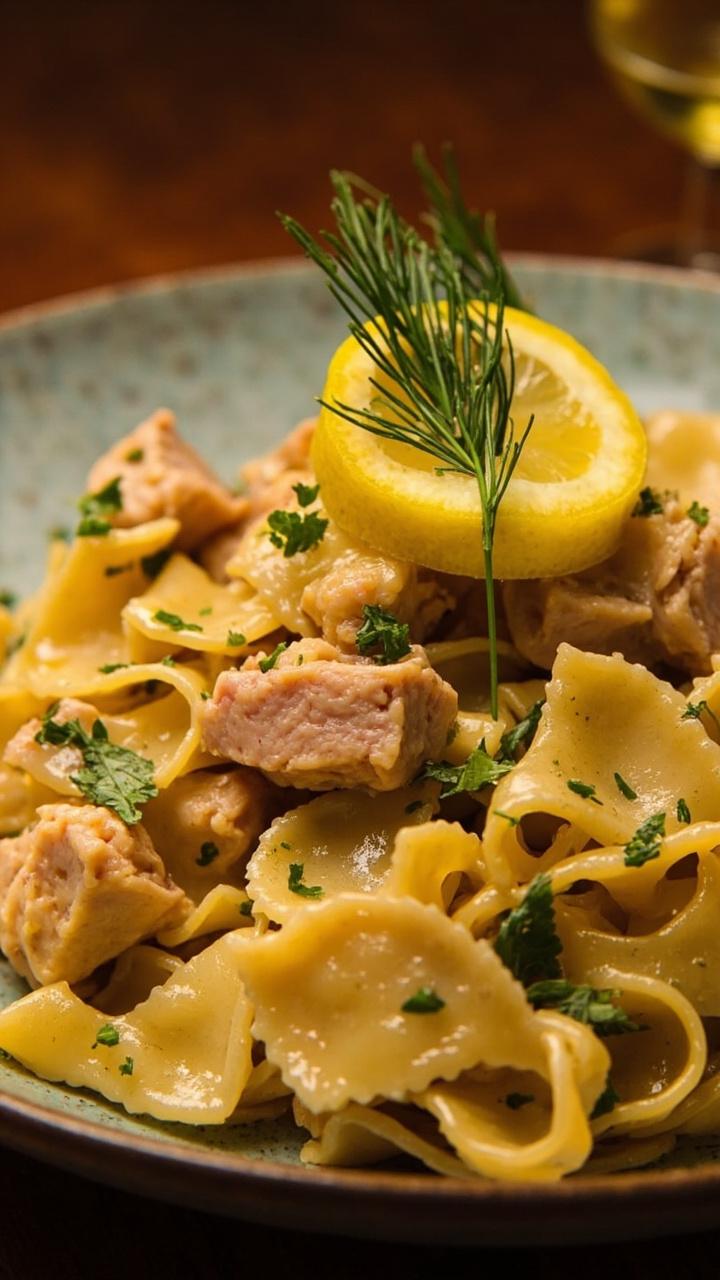 A wide shallow bowl of bowtie pasta tossed with chunky tuna, bright flecks of parsley and dill, and a glossy lemon cream sauce. Lemon slices and fresh herbs rest on top. A wide shallow bowl of bowtie pasta tossed with chunky tuna, bright flecks of parsley and dill, and a glossy lemon cream sauce. Lemon slices and fresh herbs rest on top.
