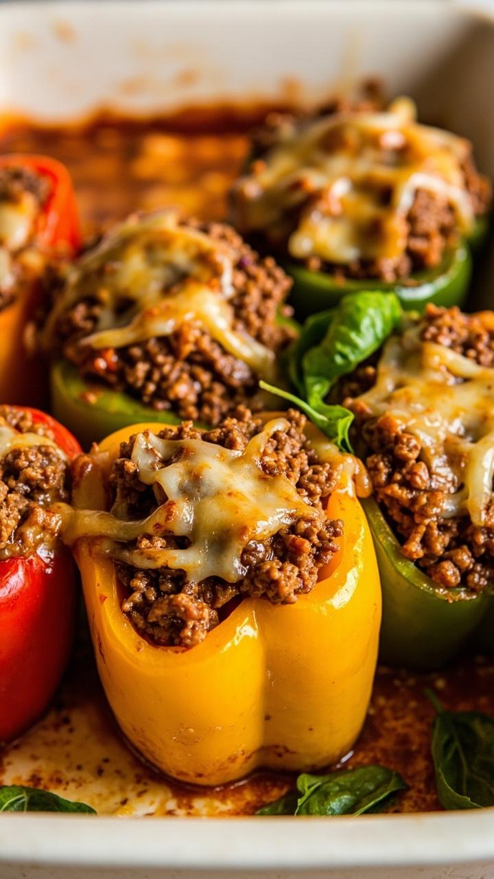Bright green and red bell peppers standing upright in a white baking dish, each filled to the top with a savory mix of ground beef, rice, tomato sauce, and herbs. The tops are dusted with golden, bubbling mozzarella cheese, with a few leaves of fresh basil scattered around for color.