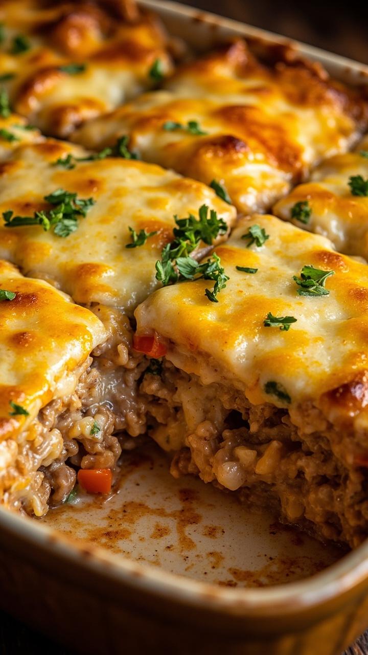 A deep, ceramic baking dish with a bubbling layer of golden cheese covering beef, rice, and vegetable layers beneath. The casserole is cut into neat squares, revealing a hearty, creamy filling, and sprinkled with fresh chopped parsley.