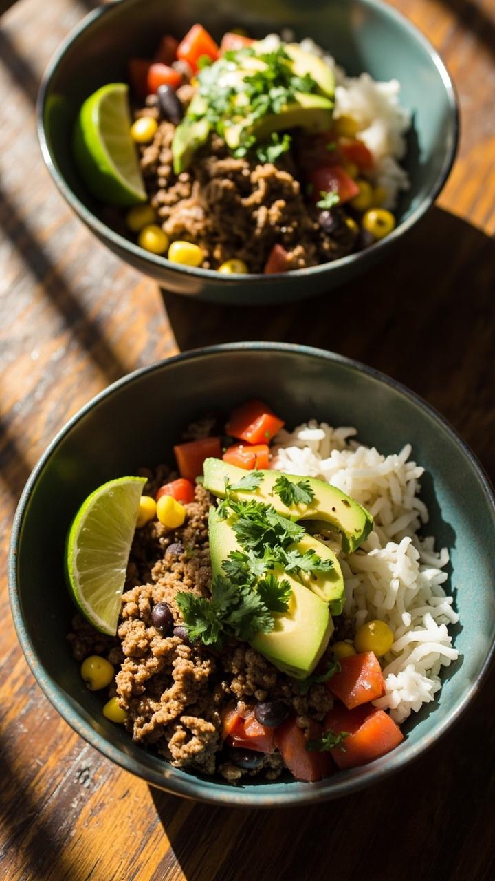 Wide, shallow bowls filled with layers of seasoned ground beef, fluffy white rice, black beans, sweet corn, diced tomatoes, and slices of creamy avocado, all accented with a scattering of chopped cilantro and lime wedges.