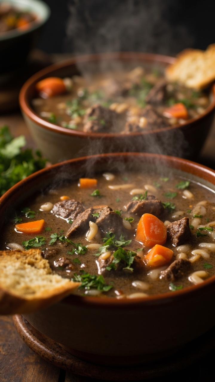 Deep soup bowls filled with steaming beef, rice, and mushroom soup, flecked with parsley, with big chunks of carrot and tender beef in a rich, savory broth. Thin slices of rustic bread rest on the edge of the bowls.