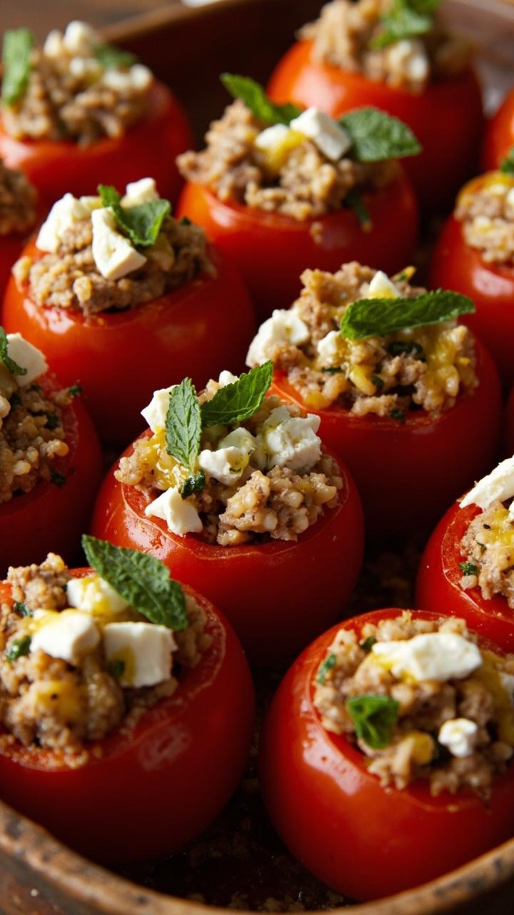 Large, ripe tomatoes hollowed out and stuffed with a savory blend of rice, ground beef, herbs, and feta cheese, standing upright in a baking dish, garnished with fresh mint and a drizzle of olive oil.