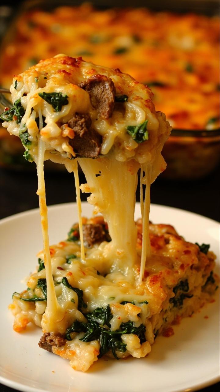 A golden, cheesy rice bake in a rectangular glass dish, speckled with green spinach and beef throughout. Slices are served on simple white plates, with extra melted cheese stretching as you pull each piece out.