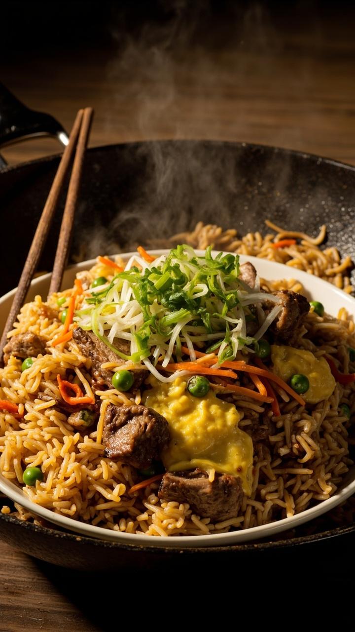 A wok filled with golden rice, small bits of browned beef, scrambled egg, peas, carrots, and a shower of sliced green onions, spooned into shallow white bowls with chopsticks on the side.
