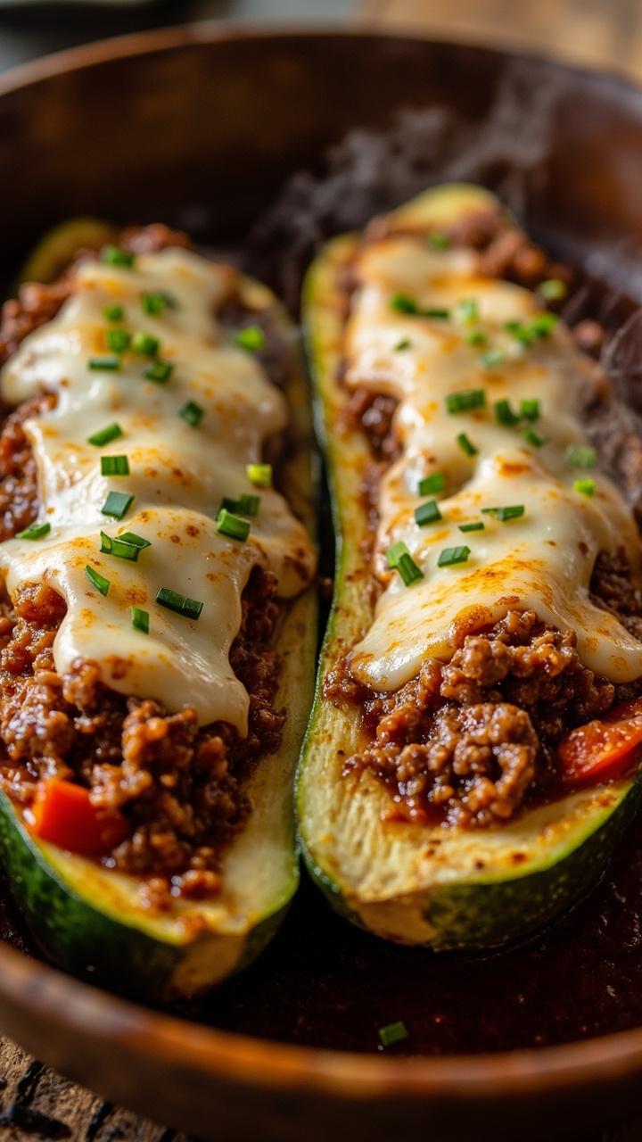 Halved zucchini boats, each stuffed with tomato-laced beef and rice, arranged in a baking dish. Bubbly mozzarella is broiled on top, and a sprinkle of chopped chives adds a pop of color.