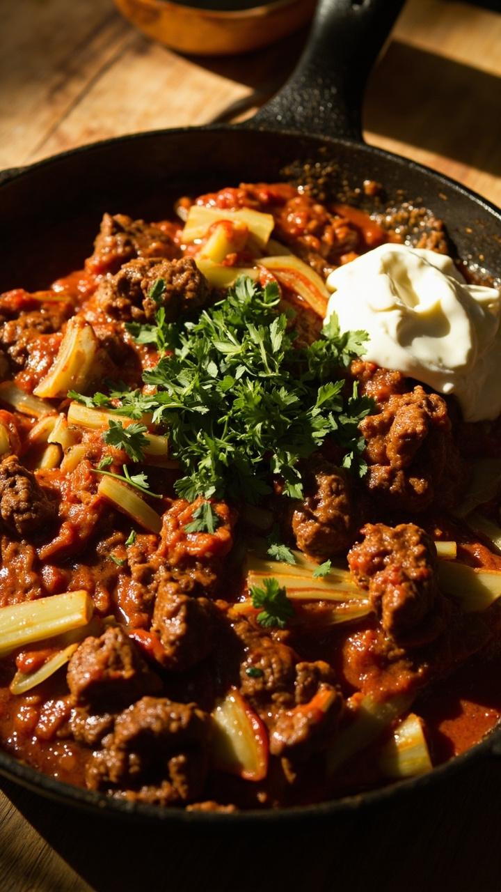 A heavy skillet with chunky pieces of cabbage, tender beef, tomato-rich sauce, and cooked rice mingling together, garnished with chopped parsley and a dollop of sour cream on the side.